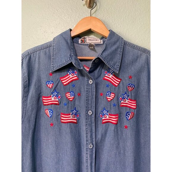 Vintage Passion‎ Women's Red Blue & White Flag Denim Button Up Shirt Size XL - Picture 3 of 9
